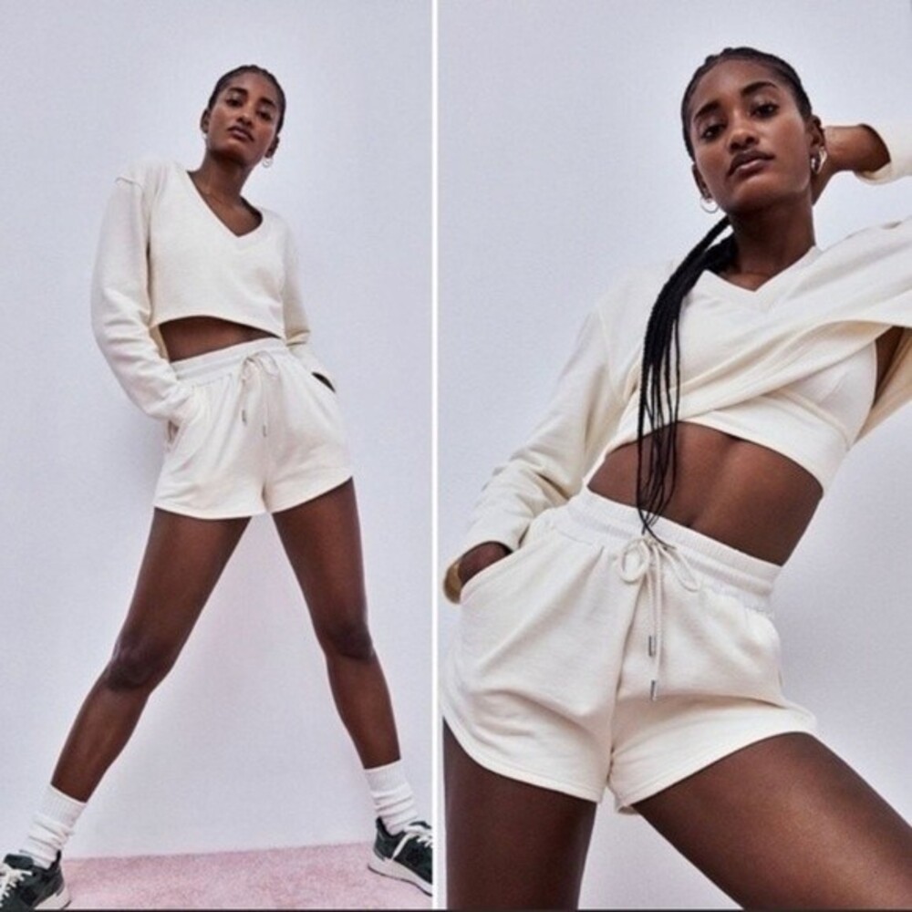 For Love and Lemons NEW Morgan Sweat Drawstring Shorts Creme High Waisted